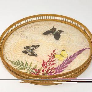 Vintage Bamboo Tray Real Butterfly Wings Pressed Flowers Round Serving